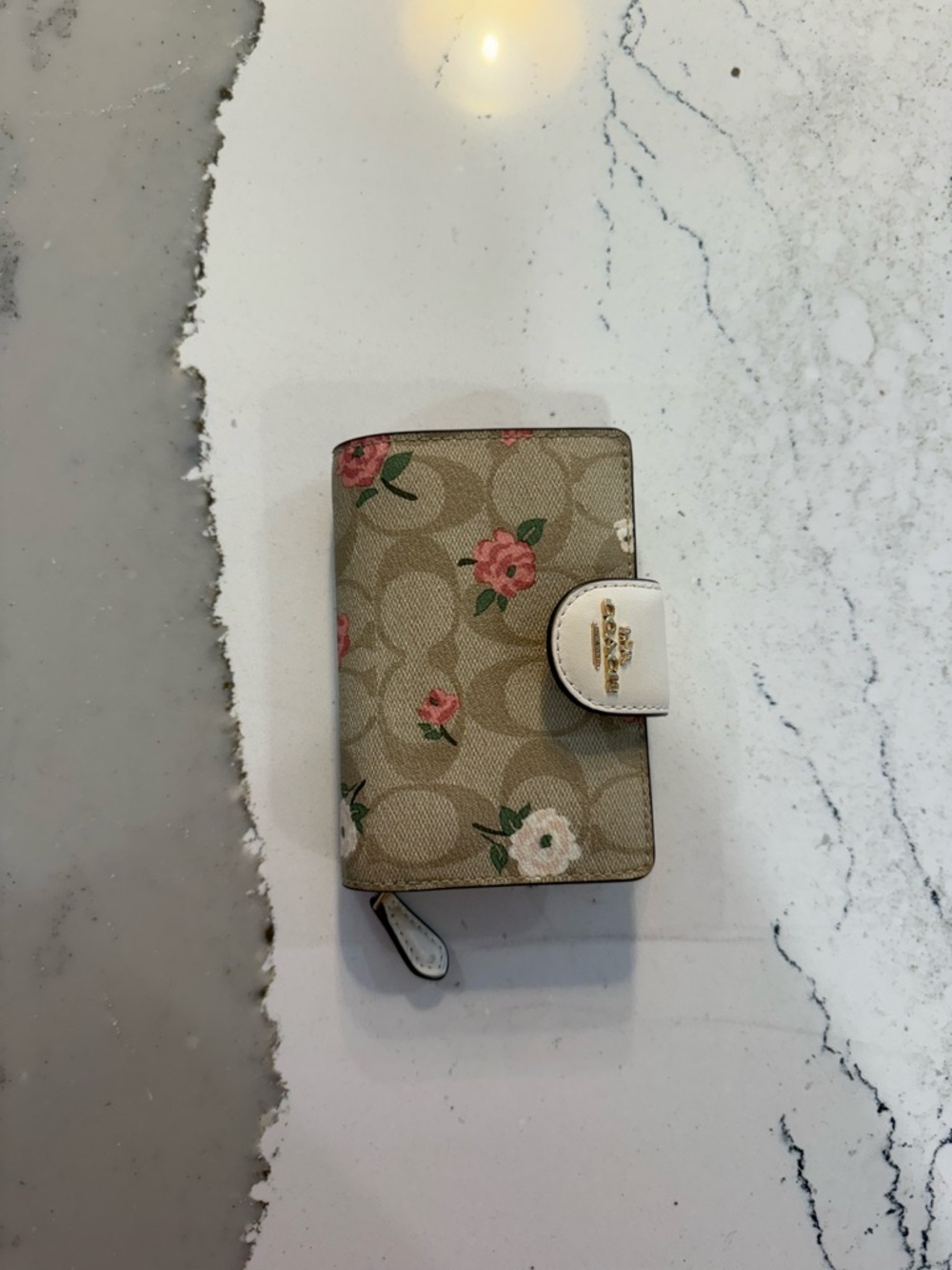 Coach Beige Floral Signature Small Wallet with Chalk Trim
